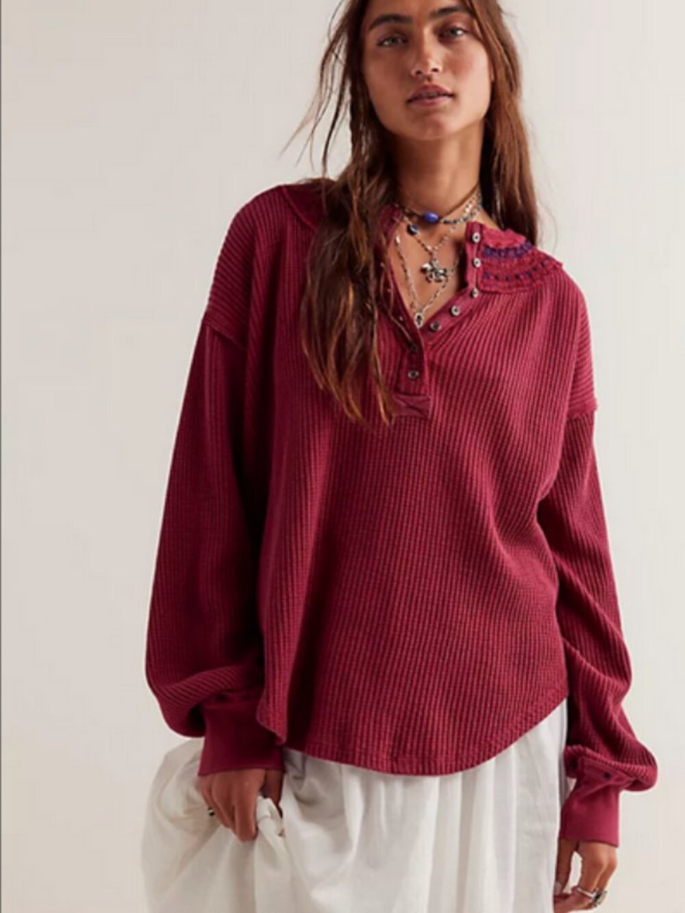 Free People We The Free Holly Henley Top Aged Red Button Oversized Blouse XS